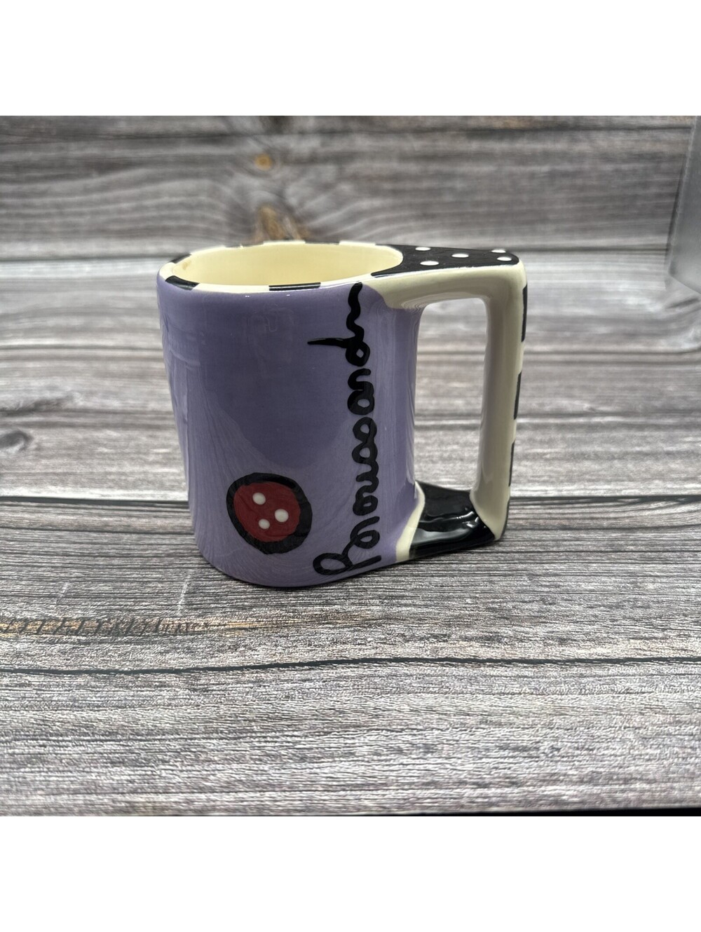 Vtg BROUSSARD Art Pottery Mug Green Circle Ceramic Hand Painted Signed Unique